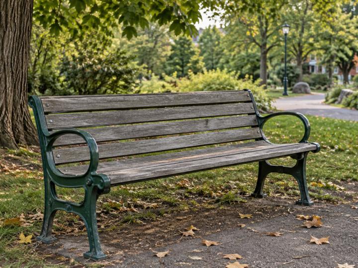 Un banc de parc en bois aux supports verts près d’un arbre et d’une allée.