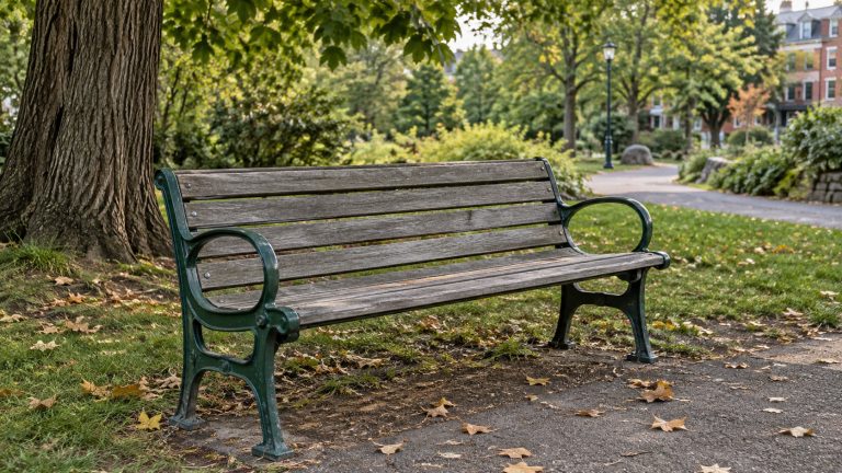 Un banc de parc en bois aux supports verts près d’un arbre et d’une allée.
