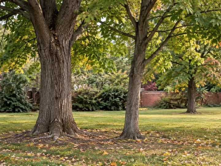 Des arbres matures de différentes tailles dans un espace gazonné près d’un mur de briques.