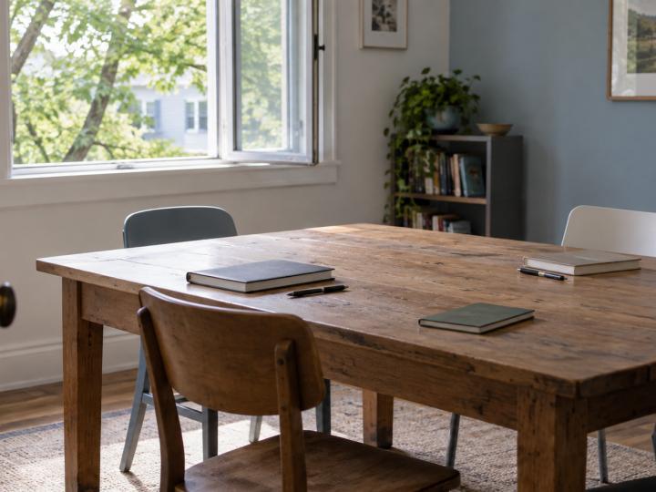 Une table en bois, des cahiers fermés et des chaises dépareillées près d’une fenêtre donnant sur des arbres.