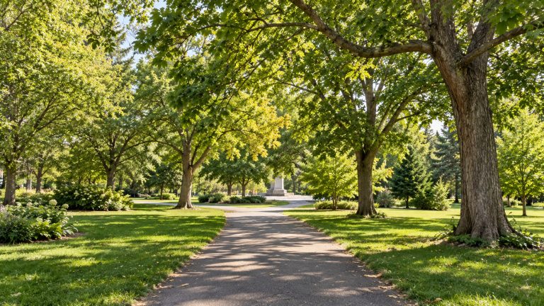Une allée ombragée sous de grands arbres feuillus, bordée de pelouses et menant vers un monument.