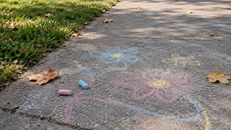 Faded chalk flowers and pieces of chalk on a worn path beside grass and fallen leaves.